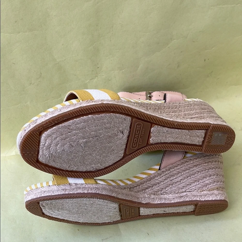 New Coach Yellow and White Striped Canvas/Leather Sandals